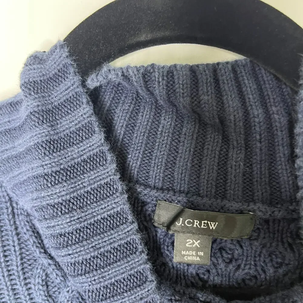 J. Crew Womens Sweater 2X Plus Navy Long Cotton Cable Knit Mockneck Heavyweight